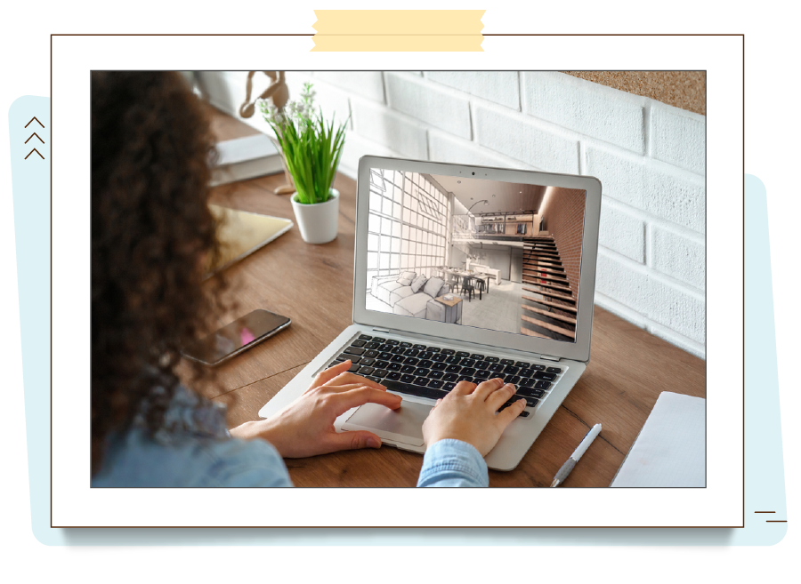 A imagem mostra uma mulher visualizando um projeto no computador, através de recursos de realidade estendida.